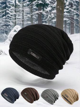 1pc Unisex Double-Layer Thermal Lined Knit Beanie - Thermal Winter Hat With Non-Slip Ribbed Band, 4 Colors (Black/Dark Brown/Navy/Beige), Ideal Cold Weather Gift For Men & Women, Cold Weather Gear | Cozy Winter Cap | Fleecelined Comfort