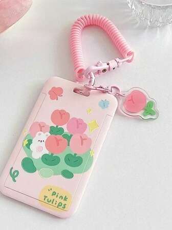 1Pc Fashion Cartoon Cute Kawaii Pink Flowers Tulip Tiger Cat Student ID Lunch Card Bus Card ID Card Cover Protective Case Suitable For Girls' Daily School Use Small Wallet Card Wallet Coin Wallet For Women