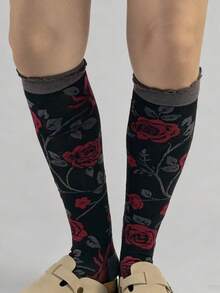 1 Pair Retro French Style Calf-Length Socks With Rose Embroidery, Elegant And Slimming, Suitable For Early Autumn