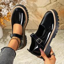 厚底厚跟乐福鞋，舒适休闲百搭女鞋，适合搭配JK裙装，2025新款，圆头，增高，带绑带 - 黑色 - 查看 7