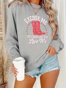 Women's Western Cowboy Girl Pattern Sweatshirt - Oversized Pullover Sweater With Cowboy And "Sorry, I Think You Love Me" Text, Red And White Western Design, Machine Washable Long Sleeve Crew Neck Sweater, Suitable For Autumn/Winter - Women's Casual Sweatshirts 2026 -  Spring Tops - Easter Tops - Sueteres Para Mujer - 淺灰色 - 查看 1