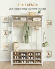 Hzuaneri Garderobenständer mit Schuhbank, Garderobe mit 13 Haken, 14 Offene Fächer, Verstellbare Ablagen, Kleiderständer für Flur, Eingangsbereich, 108 x 31 x 187 cm, Eichefarben-Weiß