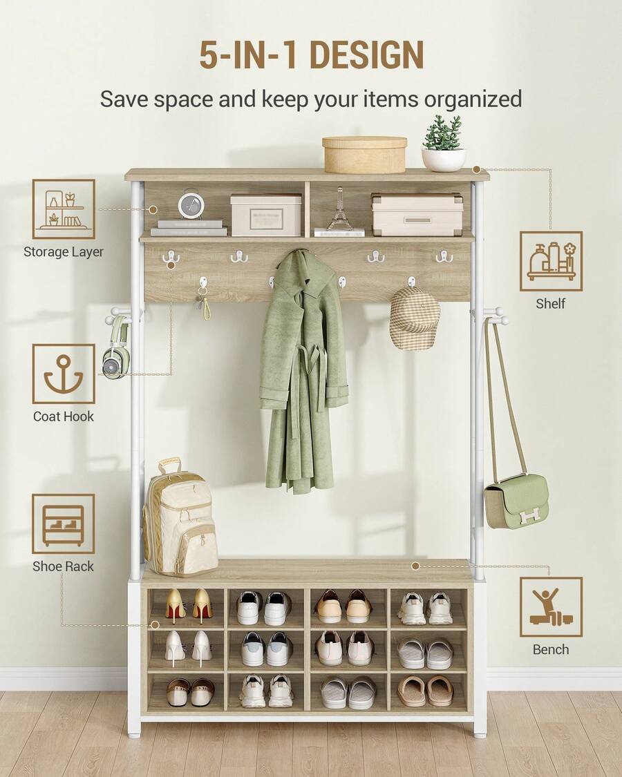 Hzuaneri Garderobenständer mit Schuhbank, Garderobe mit 13 Haken, 14 Offene Fächer, Verstellbare Ablagen, Kleiderständer für Flur, Eingangsbereich, 108 x 31 x 187 cm, Eichefarben-Weiß