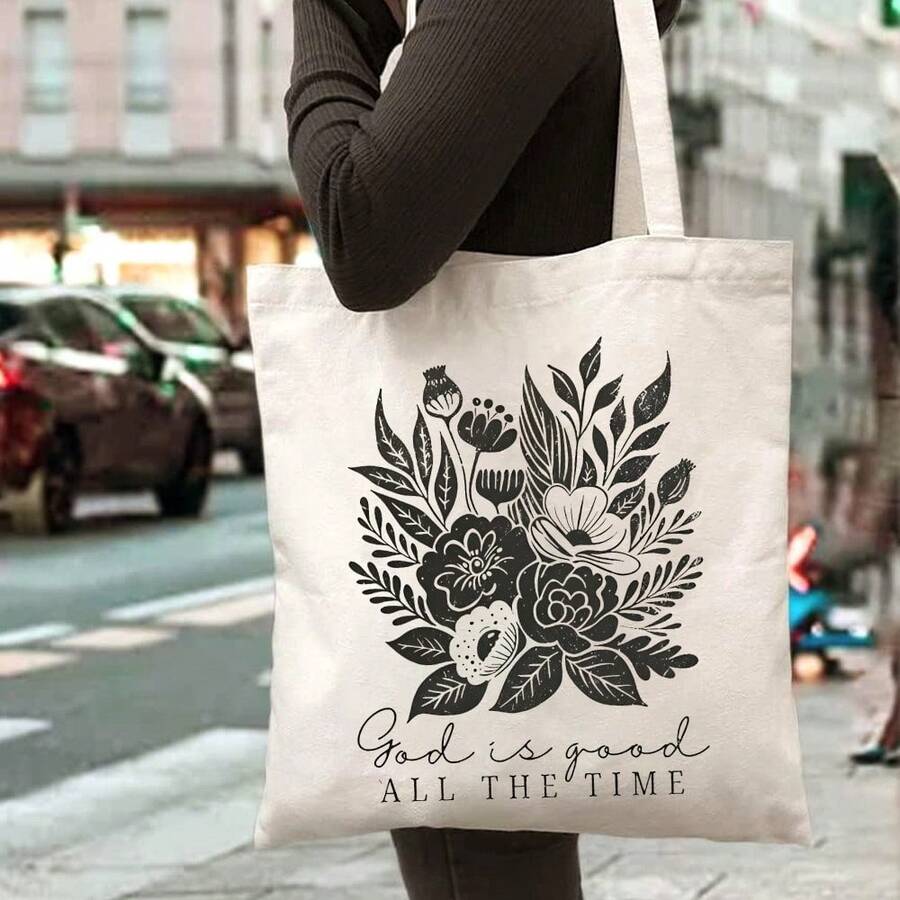 ZCAYNGER Floral Print Canvas Tote Bag With Inspirational God Is Good All The Quote - Large Capacity, Reusable, Washable Daily Use, Shopping, Travel, And More, Shopping Tote Bag| Floral Print Bag| Durable Canvas - 白色 - 查看 1