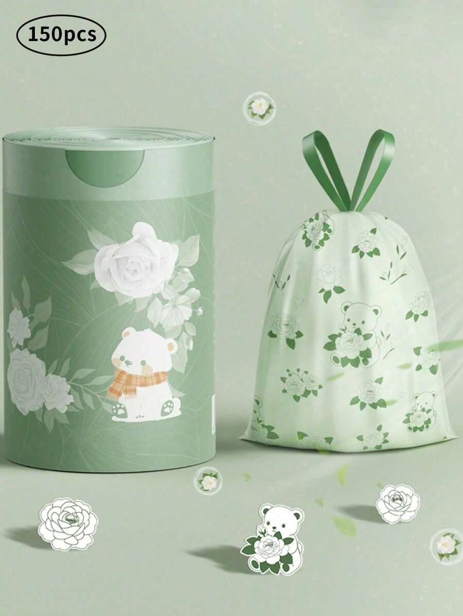 Approx. 150pcs Scented Drawstring Trash Bags, Butterfly Pattern, Sweet Floral Fragrance, Medium Size Drawstring Garbage Bags, Suitable For Nursery Diaper Storage, Outdoor Diaper Disposal, Multi-Purpose Disposable Trash Bags - Dark Green - View 1