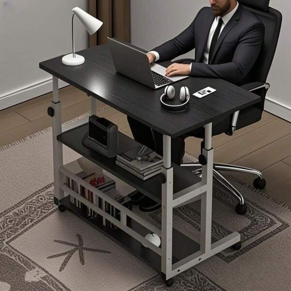 Black/Multifunctional Desk On Wheels - Height-Adjustable Rolling Desk With Storage Shelves, Space-Saving Wood And Metal Frame, Compact Fiberboard Desktop For Home Office, Bedroom, Living Room, Sofa, Study