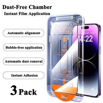 3 片装高清钢化玻璃屏幕保护膜一键安装，轻松贴膜，一盖一撕，二次吸附无气泡，适用于 17/17 Air/17 Pro/17 Pro Max/16/16 Plus/16 Pro/16 Pro Max/15/14/13/12/11/XR/XS/Plus/Pro/Pro Max，9H 超硬度，便携贴膜，易于安装