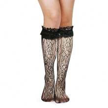 Benefeet Sox Lace Knee High Socks Women Girls Patterned Mesh Fishnet Knee High Stockings Hollow Calf Lolita Sock{"Color_name":"Black-LaceRuffleFloralPattern"} - 黑色蕾絲荷葉邊花卉圖案 - 查看 5