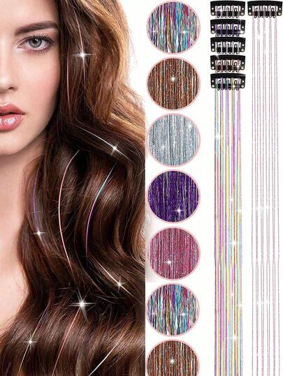 12Pcs Hair Tinsel Clip In 19.7" Glitter Tinsel Hair Extensions Synthetic Clip In Sparkle Hair Accessories For Kids Girls Women