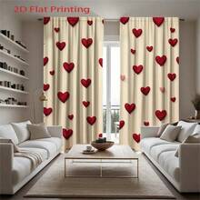 2pcs Heart Pattern 2D Flat Print Curtains, Red & Pink Home Decor. Polyester Fabric Curtains With Rod Pocket, Elegant Design Suitable For Living Room, Bedroom, Study, Kitchen, Patio - Multicolor - View 6