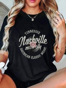 100% Maglietta casual in cotone, Nashville Music City Vinyl Vintage, adatta sia per donna che per uomo, per l'estate, morbida, con vestibilità rilassata e comfort classico - nero - Visualizzare 5