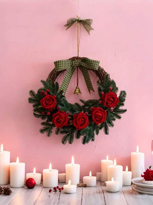 1pc/2pcs Best Christmas Crafts Art Ornaments Decor Gift Artificial Fabric Rose Flowers Pine Needles Ribbon Bow Red Berry Bell Wreath Home Decoration, Funny Winter Xmas Plastic Garland Craft Presents For Indoor Outdoor Friend Wedding Favours Accessories Engagement Party Birthday Living Room Bedroom House Stair Railing Fireplace Bedroom