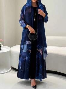 1 Bộ áo choàng dài tay in họa tiết nhuộm loang thời trang & thanh lịch + khăn trùm đầu - Dodge Blue - Xem 9