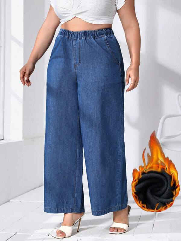 1pc Solid Color Denim Pocket Elastic Waist Thermal Lined Straight Leg Jeans, Casual Autumn/Winter Plus Size Women Pants