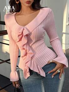 ARA CHIC 女士优雅粉色V领荷叶边针织上衣，搭配时尚喇叭袖，长袖叠穿单品，适合派对和度假穿着，全新秋冬系列 - 粉色 - 查看 5
