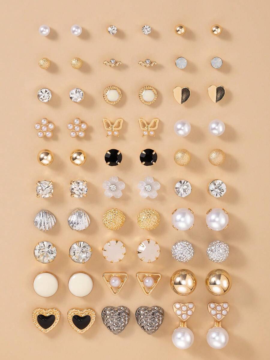 30 对/套金属仿珍珠耳钉，简约可爱时尚心形、泪珠形、蝴蝶形、水钻形、花朵形、太阳形设计，款式多样，适合日常佩戴，是送给女士的节日礼物