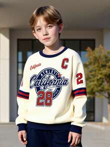 Set de 2 piezas: Sudadera con cuello redondo y estampado de letras casual + Pantalones con cordón para niños, conjunto de ropa deportiva de moda para adolescentes, primavera/otoño/invierno