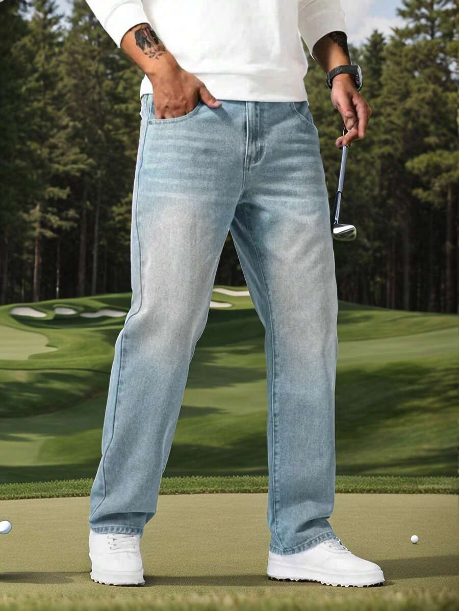 1 pieza Pantalones vaqueros azules de corte recto y ajuste regular para hombre, estilo de calle cómodo adecuado para caminar en la ciudad y actividades al aire libre - Azul lavado medio - Ver 1