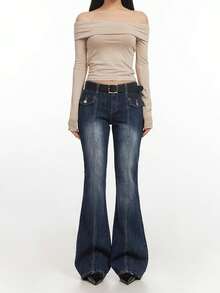 Women Baggy Bell Bottom Jeans Y2K,Flare Jeans Mid-Low Rise, Bootcut Flared Wide Leg Stretchy Loose Denim Pants - 深藍色 - 查看 3