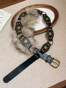 美式复古Y2K千禧年风格铆钉腰带，女士款，小众设计，性感魅力，宽版，PU皮革 - 彩色 - 查看 6