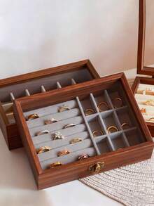 1 pieza Bandeja de joyería de gran capacidad, organizador de joyería de terciopelo con textura de grano de nogal, caja de almacenamiento de joyería de múltiples capas para collares, aretes, pulseras, anillos, caja de joyería de lujo, decoración de habitación - Multicolor - Ver 9