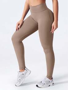 Yefecy Women's High Waist Seamless Sports Leggings, Butt Lifting, Fitness Yoga Pants, Tummy Control, Ruched Skinny Tights Spring - 卡其色 - 查看 5