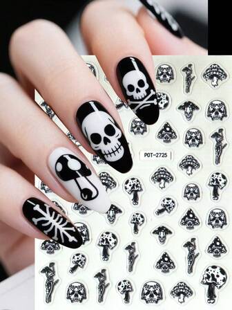 1 pieza Pegatina de arte de uñas de Halloween, decoración de uñas autoadhesiva brillante, diseño de seta de dibujos animados, calavera, mano en negro y blanco, estilo gótico de terror, forma asimétrica, adecuado para mujeres DIY o salón de uñas