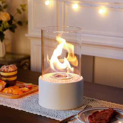 White Round Tabletop Fireplace 26.5cm Tall Fire Bowl Pot Portable Clean-Burning Bio Ethanol Ventless Firepit For Table Home Garden