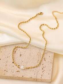 1Pc A Light Luxury Vintage Style 18K Gold Plated Stainless Steel Bead Necklace Adorned With White Pearls Is Suitable For Ladies To Wear At Dinner Parties Or Weddings. - Vàng - Xem 3