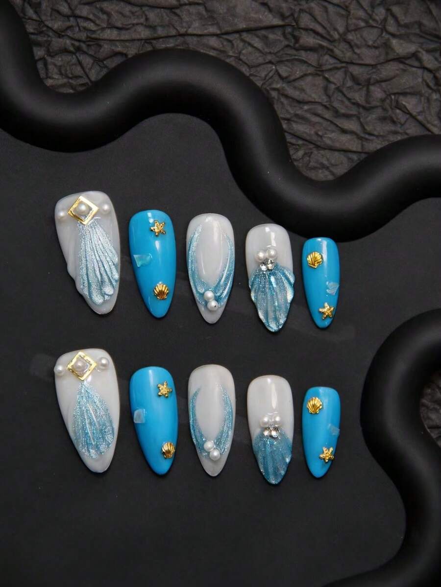 10 pezzi di adesivi per unghie fatti a mano, design 3D a conchiglia e stella marina, stile marino, colore blu, rimovibili e riutilizzabili, sbiancanti ed allunganti, stile cat eye di alta qualità, ottimo regalo