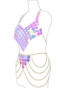 Womens Sexy Body Chains Suit Two Piece Sequins Bikini Beach Club Body Jewelry2025 - 039-金色套裝 - 查看 7