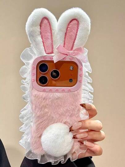 Funda para iPhone 15/13 de estilo coreano de invierno con orejas y cola de conejo esponjosas, diseño femenino único y cobertura completa a prueba de golpes