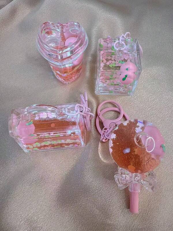 1pc Cute Pink Peach Shaped Acrylic Liquid Glitter Bottle Keychain, Backpack Charm, Ornament, Gift Christmas