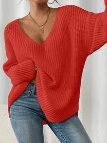 Plus Size Women's Solid Color V-Neck Dropped Shoulder Long Sleeve Loose Casual Knit Sweater, Pullover Style, Suitable For Autumn/Winter[Back To School Season] - Burnt Orange - View 7