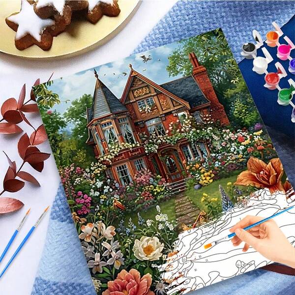 1 pieza Kit de pintura por números de casa victoriana y jardín floral en lienzo para adultos - Pintura acrílica DIY sin marco por números para relajación y decoración del hogar - Regalo ideal para mamá, abuela, amigos en cumpleaños, Acción de Gracias, Navidad