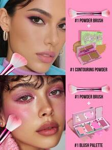 MISSLYN-3PCS Contour & Cheeks Makeup Set, Fluffy Roll Contouring Powder, PRESSED POWDER, Contour Powder, BRONZING & CONTOURING POWDER,TRAVEL KIT ALL IN ONE TEINT PALETTE , 4 Colors Matte Blush Palette, All In One Makeup Palettes Blush Kit, Matte, Finishes Color From Light To Dark For Cheek And Eye Makeup, Double Ended Powder Brush, Multifunctional Makeup Brush,Thick And Soft Fur,Fashionable Powder Brush,Easy To Carry - #Set 1 - 查看 2