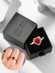 Gift Box Luxury Red Heart Cubic Zirconia Engagement Ring, Suitable For Wedding, Valentine's Day Gift For Lover - Gold + Ruby - View 5