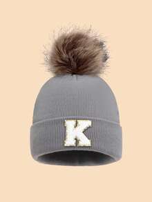 1pc Unisex 26 Letter Decor Faux Fur Pom Pom Knit Beanie Hat, Versatile Warm Windproof Casual Cap, Suitable For Autumn/Winter Outdoor Wear, Great Gift Men Women Clothing Winter