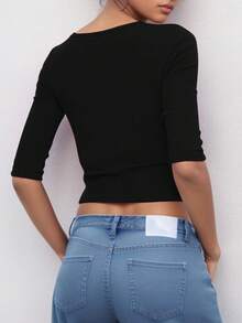 ii Áo croptop ngắn tay cổ tròn màu trơn dành cho nữ, màu đen, kiểu dáng thường ngày, thích hợp cho mùa xuân. - màu đen - Xem 3