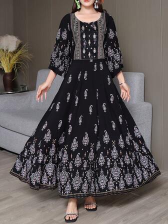 Plus Size Middle Eastern Style Bohemian Embroidered Dress,C Vintage Loose Casual Vacation Beach Dress