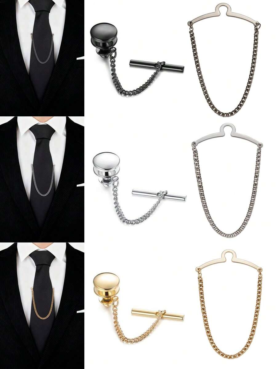 Sanfenly Tie Clips For Men - Black, Blue, Gold, Silver Tie Bars With Chain Set - Valentine's Day, Father's Day