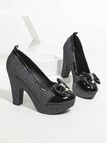 2024 Autumn New White Lace Rhinestone Bow High Heel Shoes, Waterproof Platform Thick Heel Round Toe Pumps For Women - Black - View 6