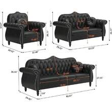 Chesterfield 2-Piece Living Room Sectional Sofa Set, Mid- Modern Upholstered PU Sofa Couch, Classic Tufted Button Sofa With Nailhead Trim For Living Room, Office (1+2 Seat Black),25014687 - 黑色 - 查看 2
