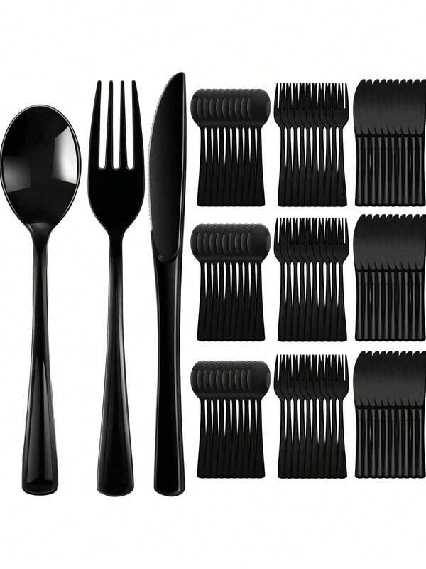 150-Piece/75-Piece/50-Piece Black Party Cutlery Set - Includes 50 Forks, 50 Knives, 50 Spoons - Reusable And Washable Cutlery Set For Parties, Festivals, Christmas Decorations, Dinners, Weddings, Cooking, And Valentine's Day