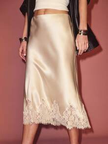 Women Silk Satin Half Slip Long Skirts Lace Patchwork Elastic Waist Long Skirt Elegant Silky Flowy A Line Midi Skirts - Champagne - View 3