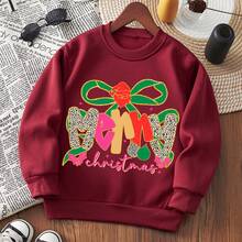 Young Girl Bow & Letter Print Thermal Lined Crew Neck Sweatshirt, Casual Winter