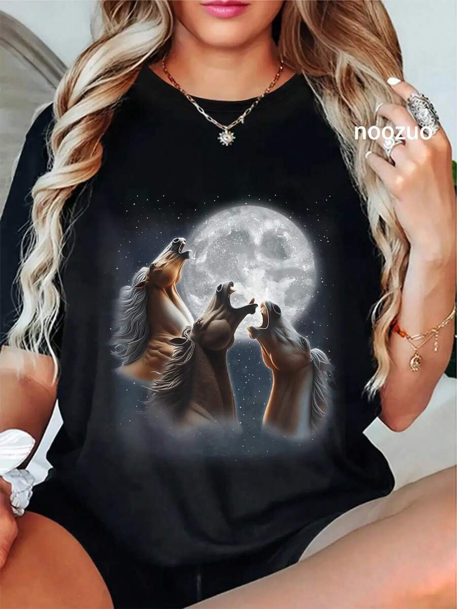 100% Cotton 3 Horses Howling At The Moon Funny Horse Lover Equestrian T-Shirt Women's Men's Summer Vacation Soft Tee Relaxed Fit Classic Comfort Tops - 黑色 - 查看 1
