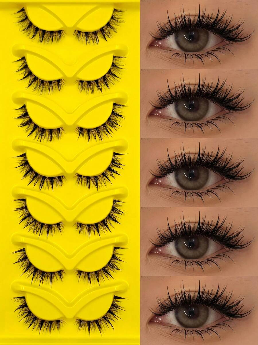 Asiteo 7 par fluffiga volym manga tecknade wetlook-ögonfransar, klassiska mangaögonlösögonfransar, fuktiga utseende, genomskinliga band, korsande spetsiga dramatiska 3D-konstminkögonfransar, fotogeniska och naturliga ögonfransförlängningsmakeup lämpliga för resor, fester, Eid - Komiska våta ögonfransar - Visa 1