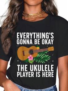 Camiseta 100% algodão com estampa de ukulele para homens e mulheres. Ideal para férias de verão. Macia, com modelagem relaxada e confortável. - Preto - Ver 5