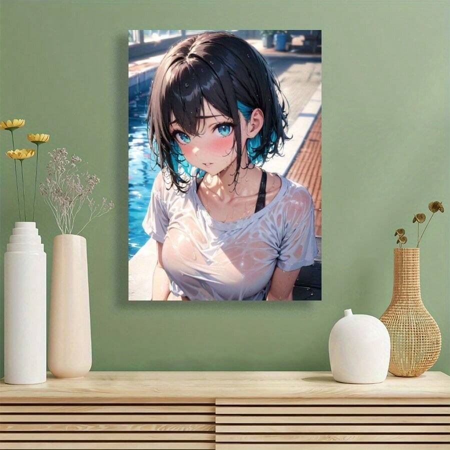 Wetlook Female Figure Poolside Canvas Print, Modern Anime-Inspired Wall Art, Home And Cafe Decor, Contemporary Living Room & Bedroom Poster, Unique Gift For Friends - 1pc, Canvas Material, Frameless - Multicolor - View 1
